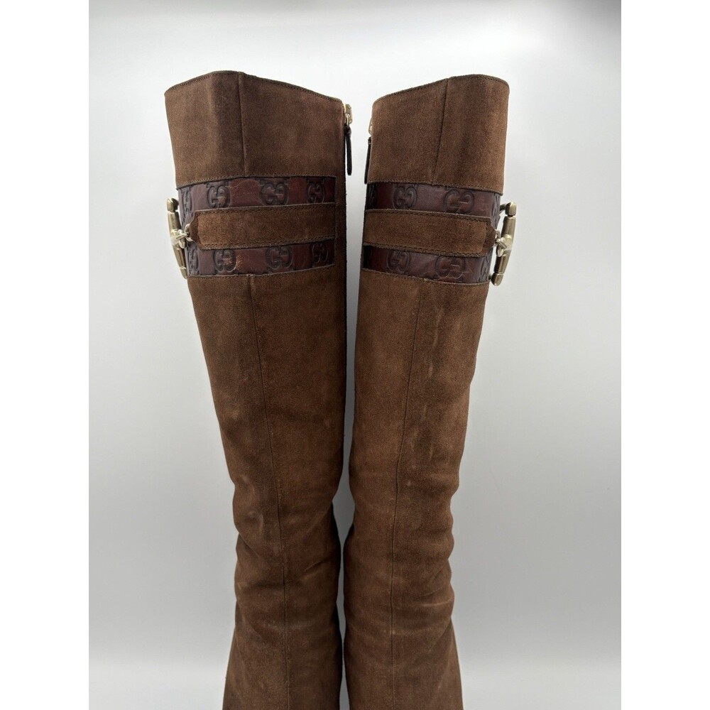 Gucci Brown Suede Knee High Boots GG Logo Accent Silver Horse-bit Size EU 36.5 - Picture 4 of 14